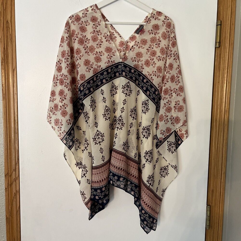 Vince Camuto Sheer Oversized Top Shawl Cape Floral Cream Rust Blue XS/S Boho - Picture 2 of 10